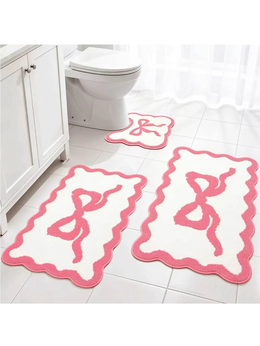 New Pink Bow Bathroom Rug Mat Set 3 Piece, Microfiber Shaggy Bath Set, Non-Slip
